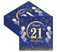40Pcs Happy 21st Birthday Party Napkins, Disposable Blue Gold Paper Serviettes for Men Women, 33x33cm/13x13in Tissues for Coming of Age Birthday Bash Decorations