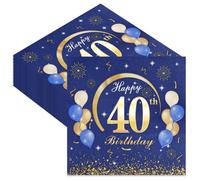 40Pcs Happy 40th Birthday Party Napkins, Disposable Blue Gold Paper Serviettes for Men Women, 33x33cm/13x13in Tissues for Big 4-0 Birthday Party Decorations