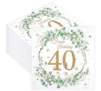 40Pcs Happy 40th Birthday Party Napkins, Disposable Eucalyptus Wreath Gold Paper Serviettes for Women Wedding Anniversary, 33x33cm/13x13in Tissues for Big-4.0 Birthday Party Decorations