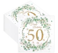 40Pcs Happy 50th Birthday Party Napkins, Disposable Eucalyptus Wreath Gold Paper Serviettes for Women Wedding Anniversary, 33x33cm/13x13in Tissues for Big-5.0 Birthday Party Decorations