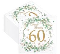 40Pcs Happy 60th Birthday Party Napkins, Disposable Eucalyptus Wreath Gold Paper Serviettes for Women Wedding Anniversary, 33x33cm/13x13in Tissues for Big-6.0 Birthday Party Decorations