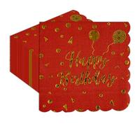 40Pcs Happy Birthday Napkins,Red and Gold Dinner Cocktail Scalloped Napkins for Adults Kids Birthday Party Supplies Decorations-33x33cm