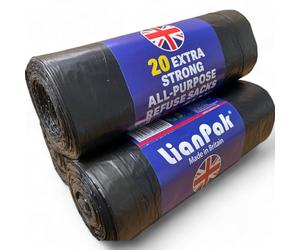 40pcs Lianpak Heavy Duty Extra Strong, Drawstring, 120L All-Purpose Large Refuse Sacks, Bin Bags, Bin Liners, Recycled, Tear Resistant, Every Day, Household, Kitchen, Commercial,20 Bags/Roll, 2 Rolls