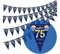 40Pcs Navy Blue Happy 75th Birthday Banner - Navy Blue and Gold Glitter 75th Anniversary Party Decoration Supplies, Triangle Flag Banners
