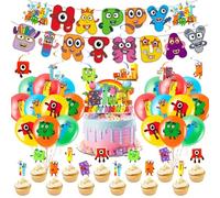 40Pcs Number Birthday Party Supplies, Blocks Decorations, Blocks Theme Party Supplies Decorations,Happy Birthday Banner Balloons Cake Topper Spiral for Kids Boys Girls
