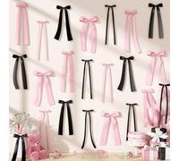 40Pcs Pink Black Bow Party Decorations, Black Pink Bows Wall Decor, DIY Ribbon Satin Bows Photo Backdrop for Women Girls Coquette Bachelorette Baby Bridal Shower Room Bedroom Halloween Party Decor