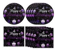 40PCS Purple and Black Birthday Decorations Happy Bthday Party Supplies Tableware Set Purple Birthday Disposable Paper Plates Napkins for Women Girls