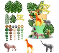 40PCS Safari Animal Cake Topper Set, Wild One Jungle Cake Decorations | with Animal Figures, Palm Leaves & Foam Decorative Balls for Baby Shower Party