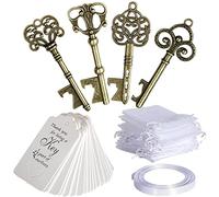 40Pcs Vintage Key Bottle Openers with Escort Card Tag Organza Bags and Ribbon for Wedding Party Favors Rustic Decoration, Bronze