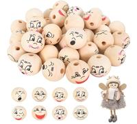40PCS Wooden Beads Set with 10m String, Natural Wood Smiley Beads in 8 Styles for Key Chains, Angel Crafts (20 * 20mm)