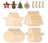 40PCS Wooden Christmas Crafts Ornaments DIY Xmas Unfinished Wood Decorations Star Tree Snowman Disc Shapes Craft Blanks for Kids Adults Painting Hanging Ornaments