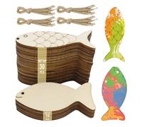 40PCS Wooden Fish Cutouts Ornament, Unfinished Wood Crafts with Hemp Rope, DIY Craft Blank Wood Hanging Fish Decor for Beach Theme Party, Nautical Bathroom, Coastal Room Decor (3.7" x 1.3")