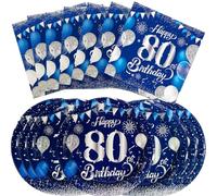 40PCS80th Birthday Party Set, including Navy Blue 7-inch Dessert Plate and 80th Birthday Napkins, suitable for 20 guests attending birthday parties, decorated with blue and silver themes