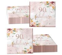 40Pieces 90th Falulous Paper Napkin - Rose Gold Party Supplies Rose Gold Floral Theme Napkins for Women 90th Birthday,Anniversary Wedding Party Favors