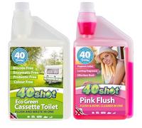 40Shot Eco Value Twin Pack - Green Cassette Toilet Fluid & Pink Flush Rinse - 2 x 1L Concentrates - 80 Doses - Biocide-Free, Septic Safe, Fresh Flush