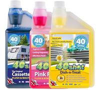 40Shot Triple Treat Pack - Blue, Pink & Dish n Treat - 3 x 1L Concentrates - Caravan & Motorhome Cassette Toilet & Grey Water Tank Care - 40 Doses Each - Long-Lasting Freshness & Odour Control