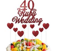 40th Anniversary Cake Toppers Set, Red Glitter Ruby Heart Cake Decorations for 40th Wedding Celebration Party Supplies