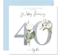 40th Anniversary Card for Women Men - Fancy Floral Flowers - Happy 40 Year Anniversary Card for Mum Dad Grandad Nanny, 145mm Wedding Anniversaries Greeting Cards