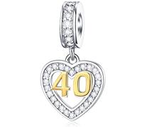 40th Anniversary Charms fit Pandora First Mothers Day Bracelet, Golden Number 40 Dangle, Sterling Silver 40th Birthday Heart Necklace Beads with CZ, Gifts for Mom/Ladies/Friends