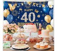 40th Birthday Backdrop Banner Blue Gold Birthday Photo Background, Happy 40th Blue Birthday Sign Poster Birthday Fabric Backdrop 70.8 X 43.3Inch For 40th Birthday Anniversary Wedding Party Decor