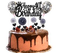 40th Birthday Cake Decoration - Happy 40th Cake Topper for Woman and Man - Black Glitter Hello 16 Cake Topper