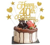 40th Birthday Cake Decorations, 7Pcs Personalised Happy 40th Birthday Cake Topper with Heart Star Cupcake Picks, Gold Glitter Happy 40 Years Old Birthday Sign for Birthday Party Supplies