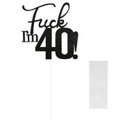 40th Birthday Cake Topper - 1 Pc Funny Black Gold Glitter Fourty Cake Pick Decorations for Birthday Party Anniversary Men & Women Party Supplies