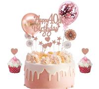 40th birthday cake topper, 40th cake topper, happy 40th birthday cake topper, Rose Gold Glitter Birthday Cake Decorations Kit with Star Heart Paper Fan Balloon Toppers, 17pcs Party Supplies for Women