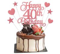 40th Birthday Cake Topper Decorations, 7Pcs Personalised Happy 40th Birthday Cake Topper with Heart Star Cupcake Picks, Rose Gold Glitter Happy 40 Years Old Birthdays Sign for Birthdays Party Supplies