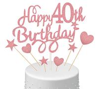 40th Birthday Cake Topper Set, Happy 40th Birthday Cake Topper with Heart Star Cupcake Picks Glitter Decoration for Party Supplies, Rose Gold