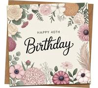 40th Birthday Card - Floral Square Greeting, 145mm x 145mm, with Kraft Envelope - Elegant Happy 40th Design for Women Men, Wife Husband, Friend, Mum Dad