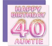 40th Birthday Card for Auntie - Pink & Purple Glitter Balloons - Happy Birthday Cards for 40 Year Old Aunt Aunty from Nephew Niece, 145mm Bday Greeting Cards Gift