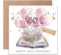 40th Birthday Card for Her-Folded Card,Open Book Watercolour Illustration-Flowers&Balloons Blooming from Pages-Happy 40th Birthday,Blank Inside for Women,Mum,Sister,Grandma-Book Lover Gift (40)