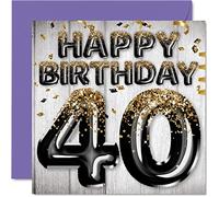 40th Birthday Card for Men - Black & Gold Glitter Balloons - Happy Birthday Cards for 40 Year Old Man Dad Cousin Friend Brother Uncle, 145mm Bday Greeting Cards Gift