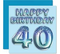 40th Birthday Card for Men - Blue Glitter Party Balloon - Happy Birthday Cards for 40 Year Old Man Friend Dad Brother Uncle Cousin, 145mm Bday Greeting Cards Gift