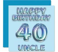40th Birthday Card for Uncle - Blue Glitter Party Balloons - Happy Birthday Cards for 40 Year Old Uncle from Nephew Niece, 145mm Bday Greeting Cards Gift