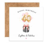 40th Birthday Card for Women, Eighteen & Fabulous Balloon Design with Gold Number 40, Blank Inside Square Card with Kraft Envelope, Fun 40th Gift for Her Sister Daughter Friend