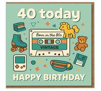 40th Birthday Card Funny - Born in the 80s Retro Cassette, Roller Skate and Game Icons - Vintage Nostalgia Design for Him or Her - Happy Birthday 40 Today