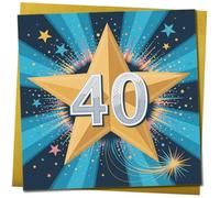 40th Birthday Card - Gold Star Burst Design, Blue Night Sky, Square 145mm x 145mm, Celebratory Card for Him, Her, Friend or Colleague, Includes Gold Envelope