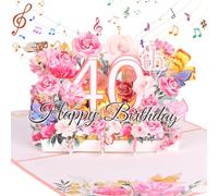 40th Birthday Card, Musical Birthday Card for Women, Pink 3D Pop up Greeting Card with Musical and Flower Happy 40th Birthday Gifts for Women Wife Mom Grandma
