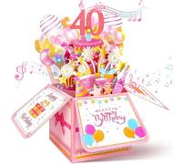 40th Birthday Card Musical Pop Up Card With LED Candle Pink Celebration Gift Box With Lights and Song Unique Keepsake Card With Envelope for Women Turning Forty