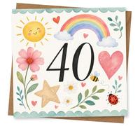 40th Birthday Card, Watercolour 40, Rainbow, Sun, Bee | Cheery watercolour for a 40th birthday: big “40” under a rainbow, with smiling sun, hearts, flowers, bee and ladybird.