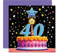 40th Birthday Cards for Men Women - Pink Cake & Stars - Happy Birthday Card for 40 Year Old Man Woman Wife Auntie Daughter Cousin, 145mm Bday Greeting Cards