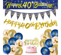 40th Birthday Decoration, Blue and Gold 40th Birthday Decorations with Number 40 Latex Balloons Banners, Party Decorations for Women Men