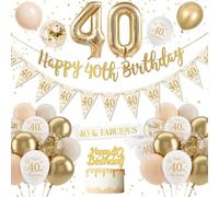 40th Birthday Decoration for Women - Gold Happy Birthday Banner, Sand White Balloons, Confetti Latex Balloons, Cake Topper for Party Decorations