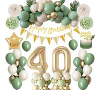 40th Birthday Decoration for Women Men, 63Pcs Sage Green Party Decoration Set - 32Inch 40th Birthday Balloon, Star Foil Balloon, Green Gold White Balloons, Banner, Cake Topper