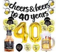 40th Birthday Decoration, Happy 40 Balloons with Cheer Banner, 40Inch Number 40 Foil Balloon, 40th Sign Black Gold Balloons Champagne Cups Foil Balloon, Birthday Decor for Men Him