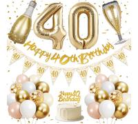 40th Birthday Decoration, Happy 40th Birthday Banner, 40 inches 40 Foil Balloons, Champagne Golden Bottle and Glass, Gold, Pink, White and Confetti Balloons, 40th Party Decorations for Women