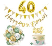 40th Birthday Decoration Kit, Sage Green Gold Theme Happy 40th Birthday Banner Bunting with Confetti Latex Balloons Cake Topper and Number 40 Foil Balloon for Women Men 40 Years Old Birthday Party Sup