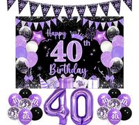 40th Birthday Decoration Purple Black, Happy 40th Birthday Backdrop Banner for Women Men, 40th Balloon Black Bunting Flag Purple 40 Foil Balloon for Her Him 40 Year Old BRD Party